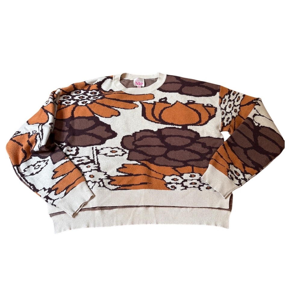 So Me Floral Knit Sweater Women Brown Orange Retro Boho‎ Pullover SIZE M